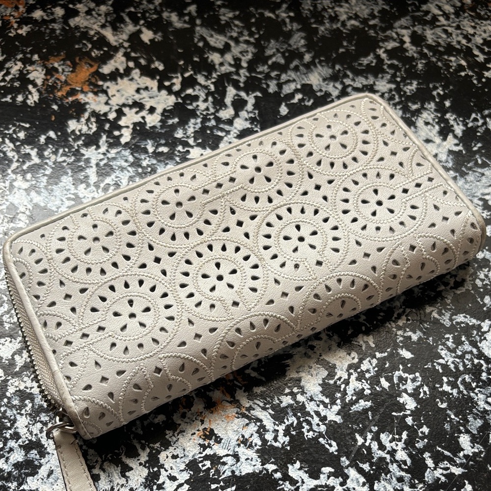 Coach Light Gray Perforated Zip-Around Wallet
